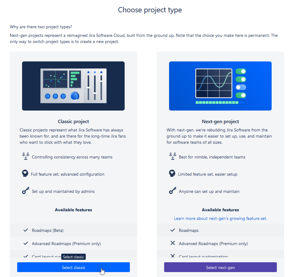 Jira screenshot with project type dialogue when creating a new project