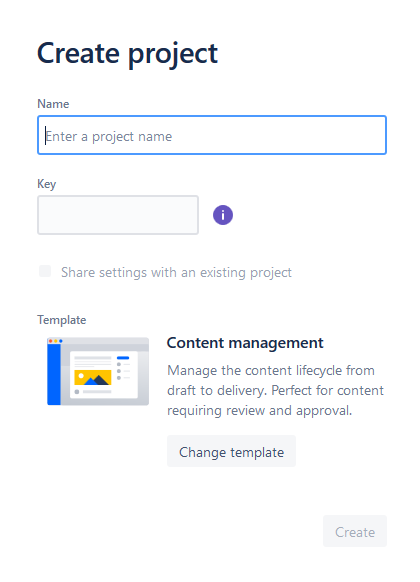 Jira screenshot of new project dialogue.