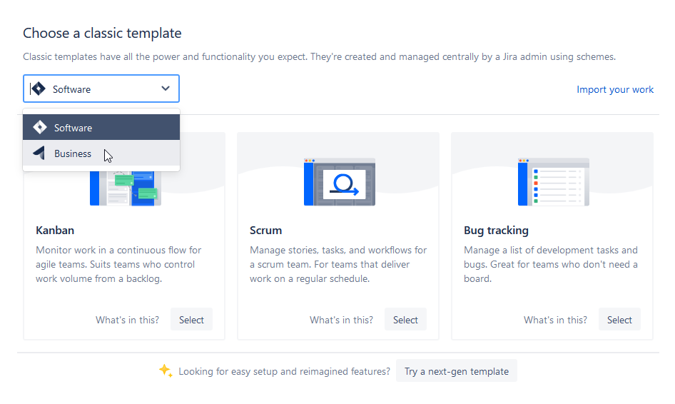 Jira screenshot of classic template selection dialogue.