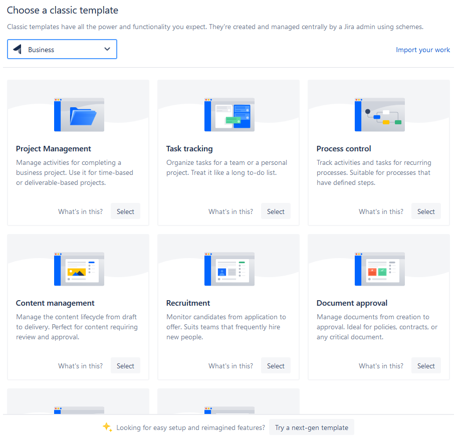 Jira screenshot of business template selection dialogue.