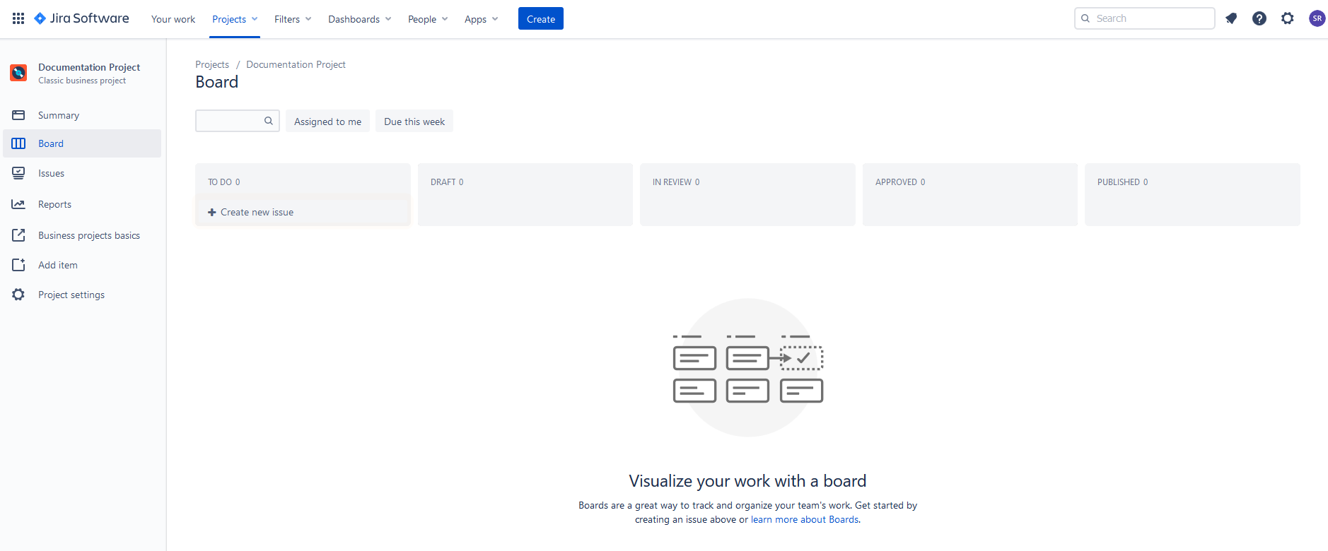 Jira screenshot of new documentation project's kanban board containing the lists To-Do Draft, In Review, Approved and Published.