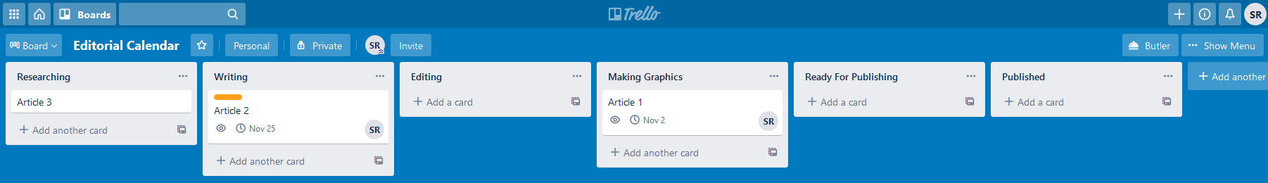 Screenshot of a Trello Kanban board (editorial calendar template)